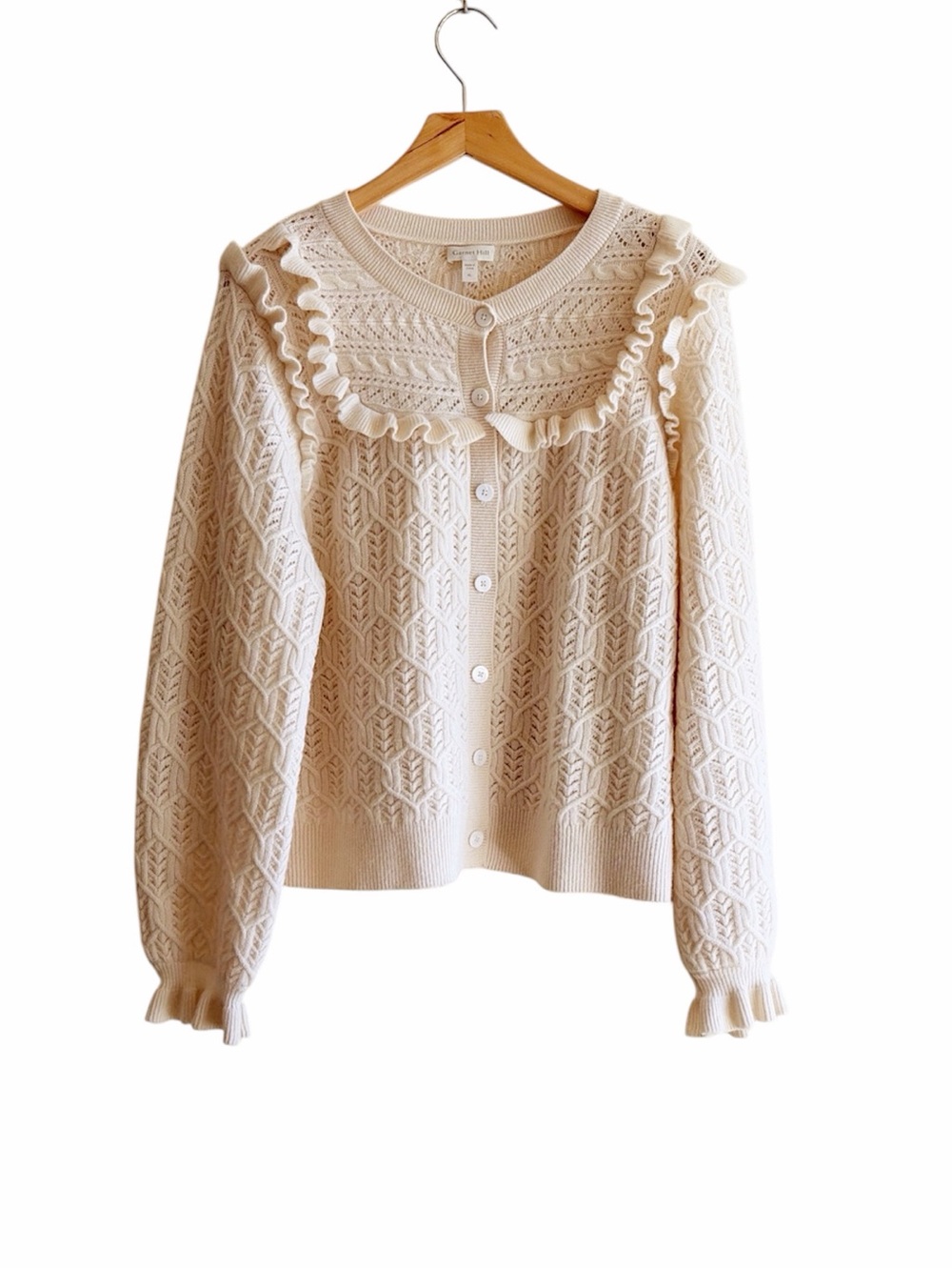 Garnet Hill cashmere cream ruffle cardigan size XL extra large